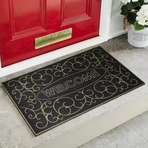 Welcome Yazılı Sarmaşık Desenli Kauçuk Toz Tutucu Kapı Önü Paspası Gold